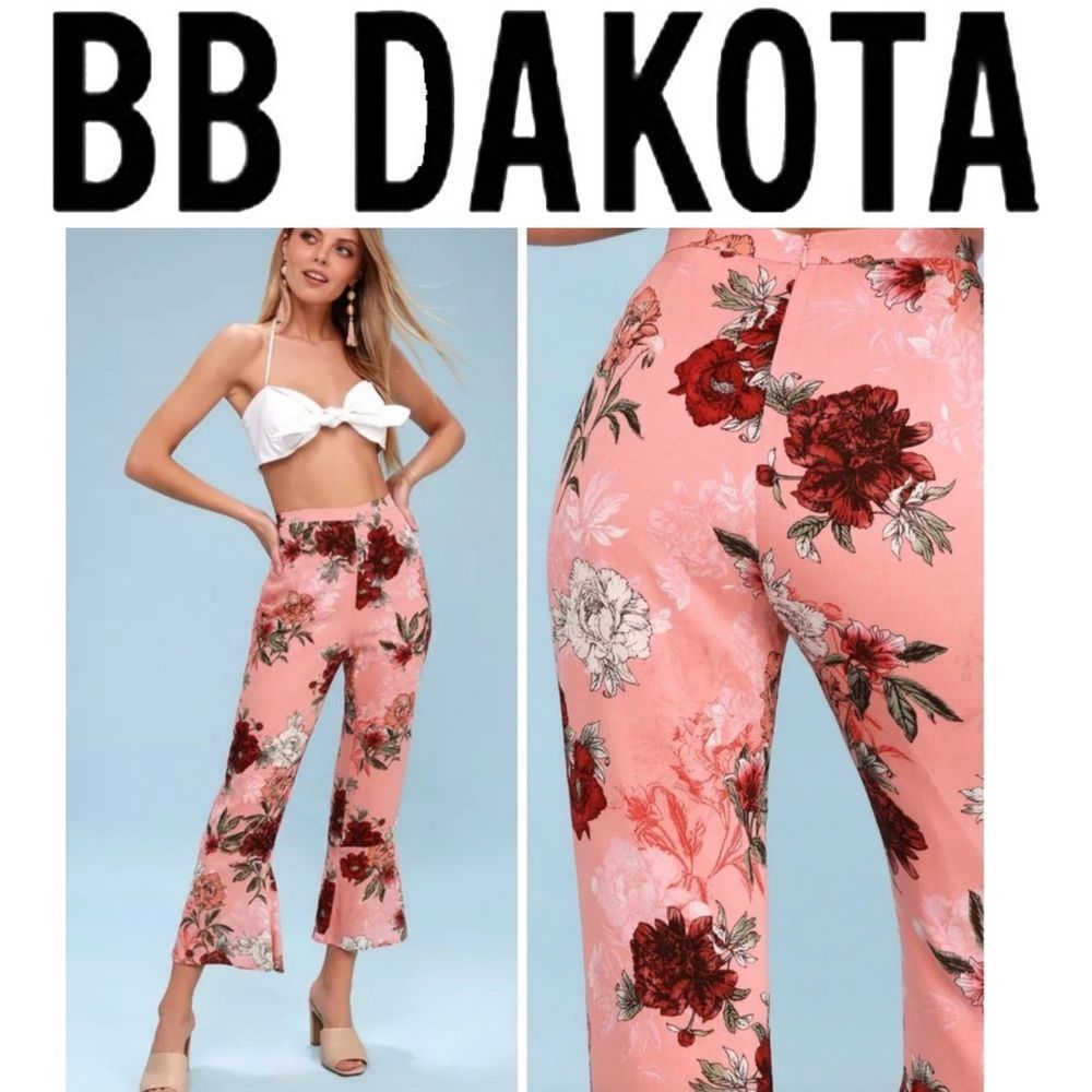 NWT BB Dakota Isabelle Revolve Sugar Coral Floral Cropped Ruffle Flared Pants - Picture 1 of 16